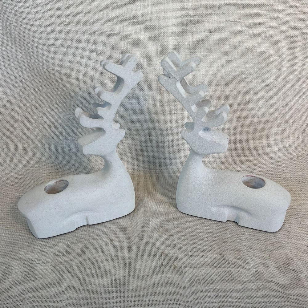 Crate and‎ Barrel Pair Metal White Matte Reindeer Taper Candle Holders